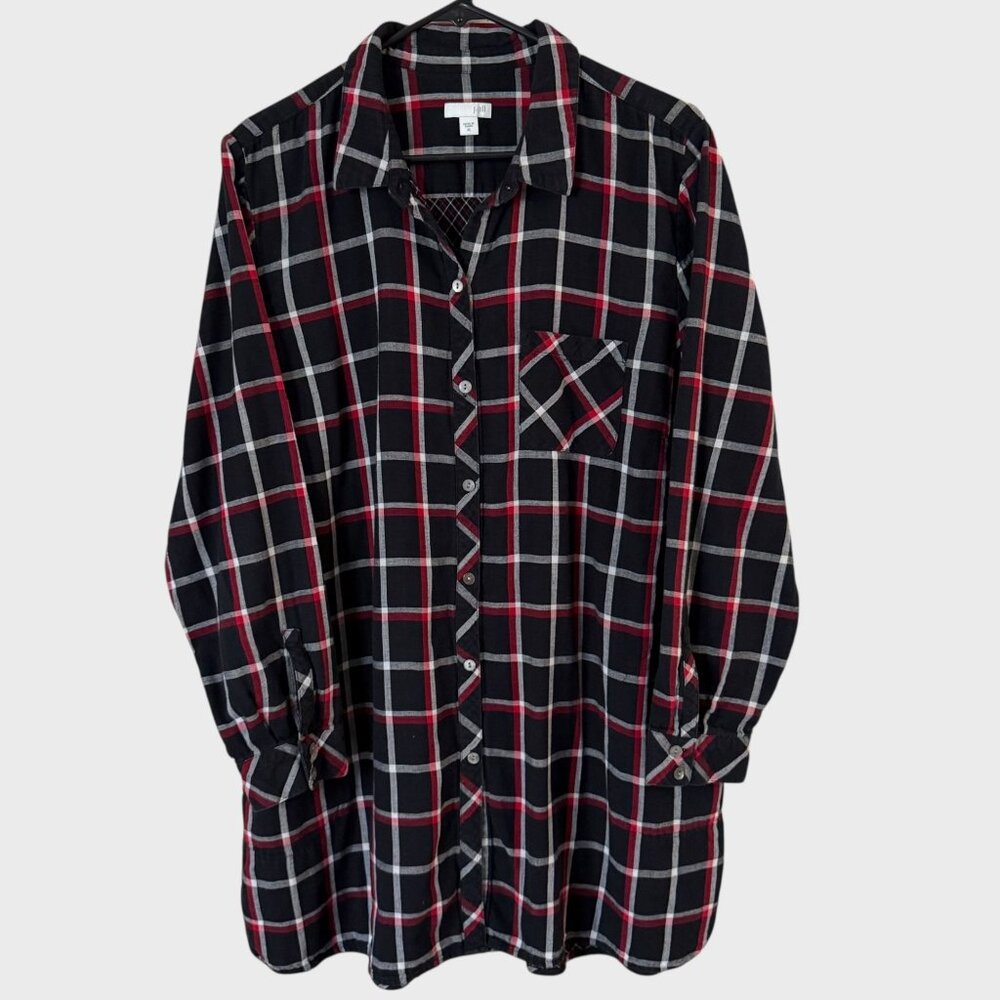 J.Jill Button-Up Long Tunic Shirt Black Womens XL Plaid Double-Cloth 100% Cotton